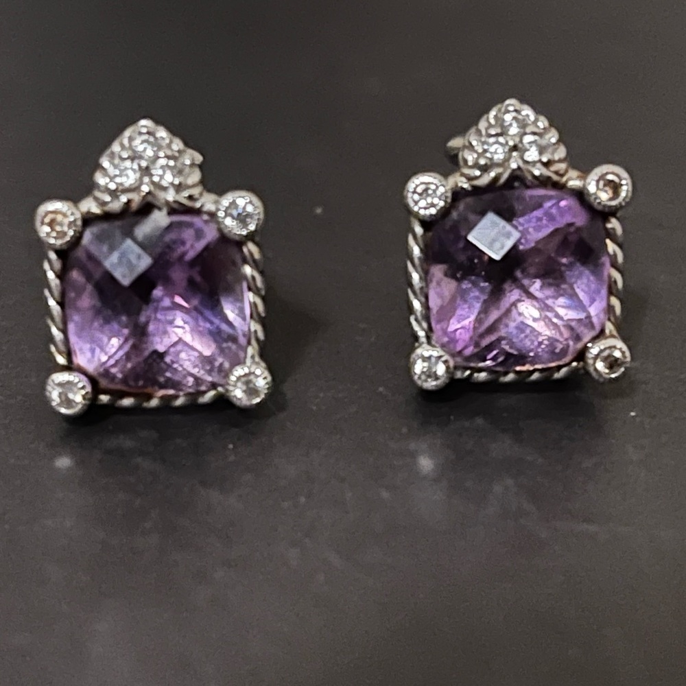 Judith Ripka Amethyst and CZ Omega Back Earrings